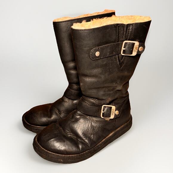 UGG Australia Black Leather Buckle Shearling Mid Calf Boots Women’s Size 6 - Picture 1 of 10